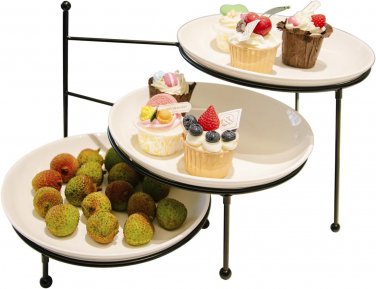 3 Tiered Serving Stand W/White Porcelain Plates- Foldable Swivel Food Display St
