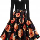 Basysin Halloween Dress for Women 1950S Vintage Pumpkin Printed Long Sleeve V Ne