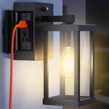 Black Waterproof Wall Mount Exterior Outdoor Wall Light with GFCI Outlet Built I