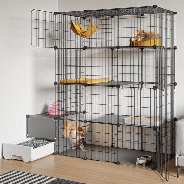 Cat Cage with Litter Box,4-Tier DIY Cat Enclosures Large Playpen Detachable Meta