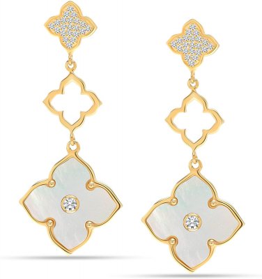 925 Sterling Silver 14K Gold-Plated Mother of Pearl Zirconia Stud Clover Flower