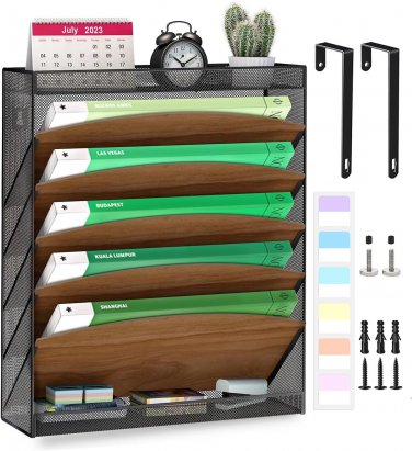 Wood Wall File Holder, 7 Tier Hanging File Organizer with Top Tray, 5 Pockets Me