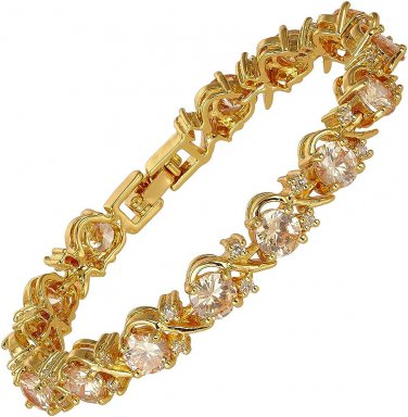 Tennis Bracelet & round Cut CZ [6 Colors Available] in Yellow Gold Plated, 7"