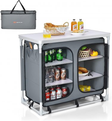 Camping Table with Storage, Aluminum Portable Camp Kitchen Cabinet Table with Ca