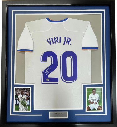 Framed Autographed/Signed Vini Vinicius Jr. 33X42 Real Madrid White Soccer Jerse