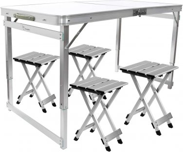 Folding Picnic Table with 4 Stools, Aluminum Table Chair Set for up to 4 Persons