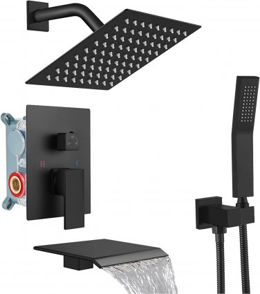 Rain Shower System Matte Black Tub Shower Faucet Set 8 Inch Square Rainfall Show