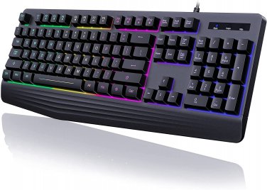 Gaming Keyboard, 7-Color Rainbow LED Backlit, 104 Keys Quiet Light up Keyboard,