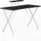 Black/White Gaming Desk-Cup Holder, Headphone Hook, Monitor Stand