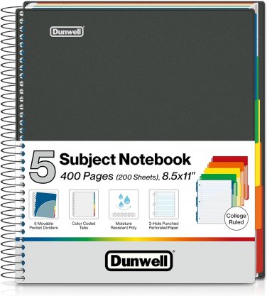 5-Subject Notebook College Ruled - 400 Pages (200 Sheets), Spiral Notebook 8.5 X