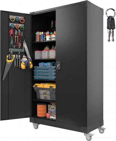 Metal Storage Cabinet - Upgraded Tall & Wide Lockable Garage Cabinet with Pegboa