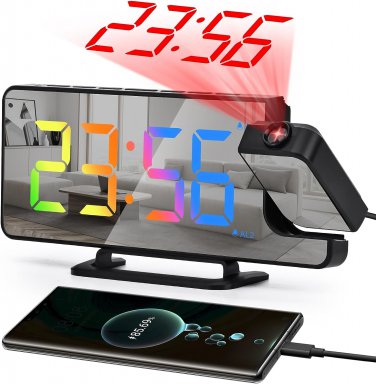 Projection Alarm Clock for Bedrooms, 7.3" LED Mirror Digital Alarm Clock with 18