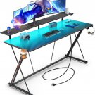 Gaming Desk with LED Lights & Power Outlets, 55" Computer Desk with Monitor Shel