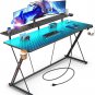 Gaming Desk with LED Lights & Power Outlets, 55" Computer Desk with Monitor Shel
