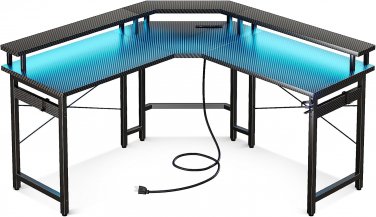 L Shaped Gaming Desk with LED Lights & Power Outlets, 51" Computer Desk with Ful