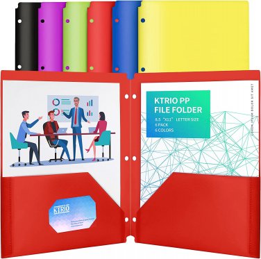 Pocket Folders 2 Pocket Folders 3 Hole Punch- (6 Pack, Assorted Colors) Plastic