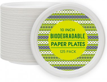 Paper Plates 10 Inch [125 Count], 100% Compostable Disposable Plates Heavy Duty,