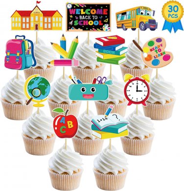 30 PCS Back to School Decorations, 12 Designs First Day of School Cupcake Topper