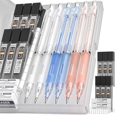 6 PCS Pastel Mechanical Pencil 0.5 & 0.7 Mm with Case for School, with 12 Tubes