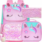3PCS Backpack for Girls and Boys, 15" Unicorn Dinosaur Bookbag with Lunch Box, K