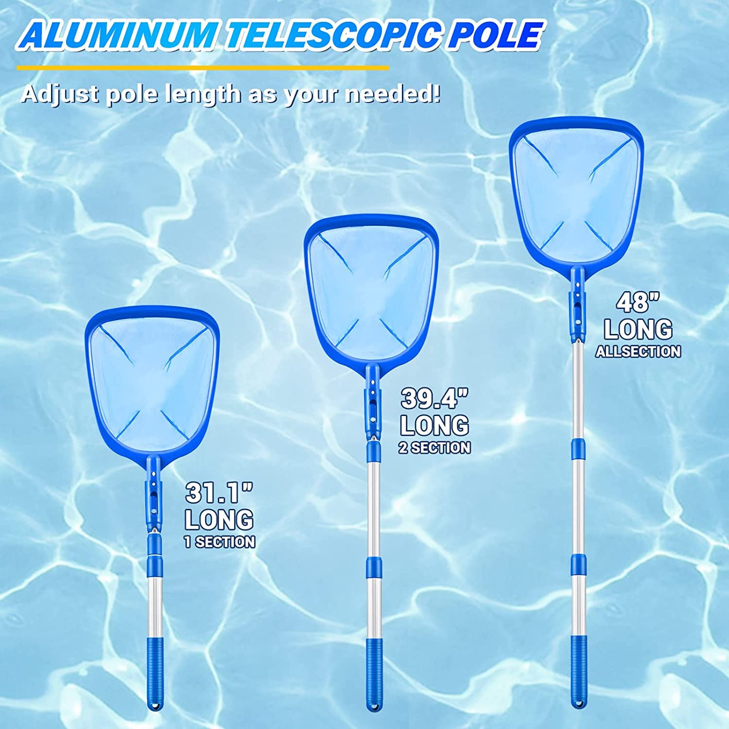 Pool Skimmer Pool Net with 3 Section Pole, 48 Inch Pool Skimmer Net