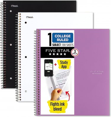 Five Star Spiral Notebooks + Study App, 3 Pack, 1-Subject, College Ruled Paper,