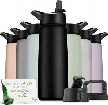 &acirc;�&cent; Triple-Insulated Stainless Steel Water Bottle - 25 Oz. with 3 Lids, Reusable I