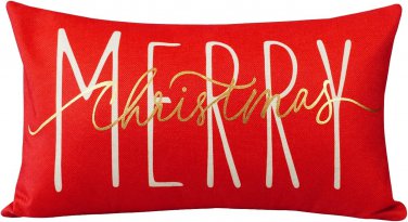 Christmas Pillow Cover 12X20 Inch Merry Christmas Lumbar Pillow Cover Gold Red D