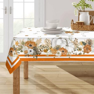 Fall Tablecloth Rectangle 60X84 Inch - White Pumpkin Flowers Waterproof Table Cl