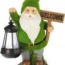 Welcome Flocked Gnome with Lantern Solar Powered LED Outdoor Decor Garden Light