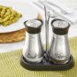 Stainless Steel Salt and Pepper Shakers Set with Holder, Refillable, Clear Glass