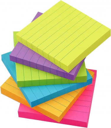Lined Sticky Notes 3X3 Inch Bright Colors Self-Stick Pads 6 Pads/Pack 90 Sheets/