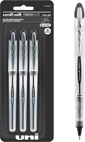 Uniball Vision Elite Rollerball Pens with 0.8Mm Bold Point, Black, 3 Count