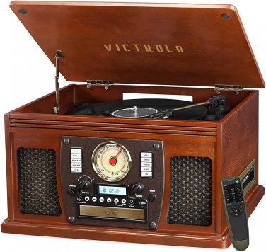 8-In-1 Bluetooth Record Player & Multimedia Center, Built-In Stereo Speakers - T
