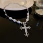 Vintage Celtic Rhinestone Cross Long Pendant Necklace Pearl Beaded Choker Neckla