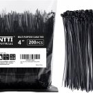 Zip Ties 4 Inch, Small Zip Ties with 18 Lb Tensile Strength, Black, 200 Pack, by