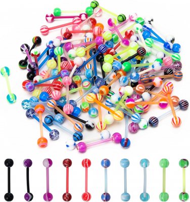 100Pcs 14G Acrylic Tongue Rings, Multi Color Assortment Flexible Tongue Rings Ba