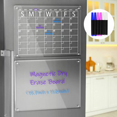 Acrylic Magnetic Dry Erase Board and Calendar for Fridge, Clear Set of 2 Dry Era