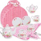 Porcelain Tea Set for Little Girls with Pink Picnic Basket, Floral Design, 18 Pi