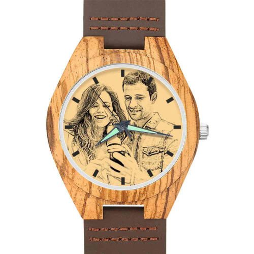Men's Engraved Wooden Photo Watch Brown Leather