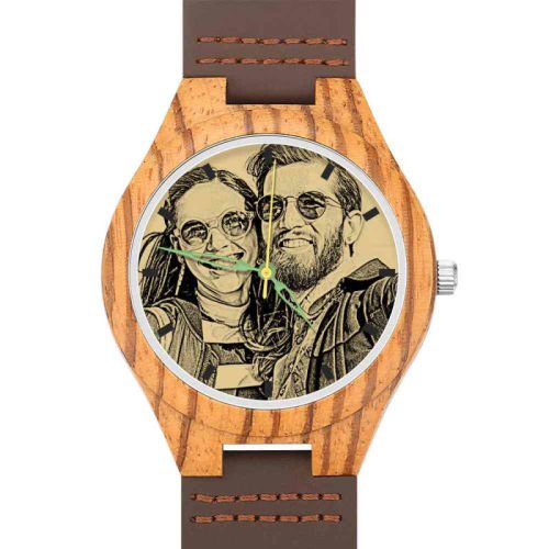 Men's Engraved Wooden Photo Watch Brown Leather Strap 45mm