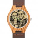 Men's Engraved Wooden Photo Watch Brown Leather Strap 45mm