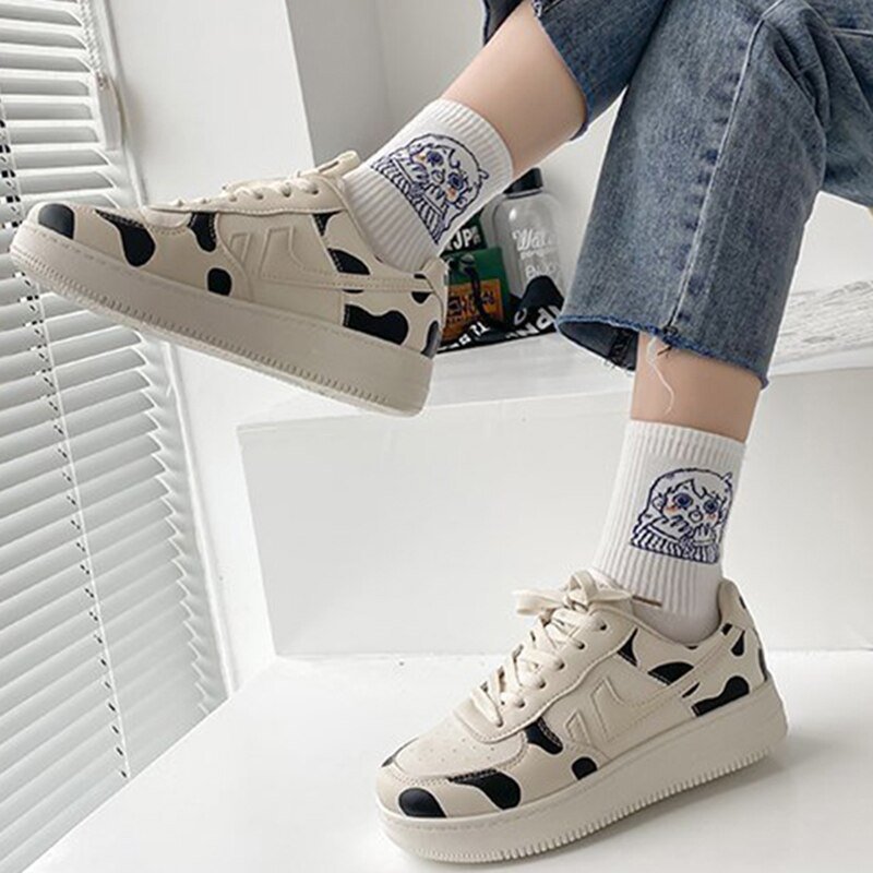 Ladies Vulcanized Cow Print Platform Sneakers