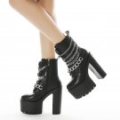 Women Platform Chunky Heel Chain Punk Ankle Boots