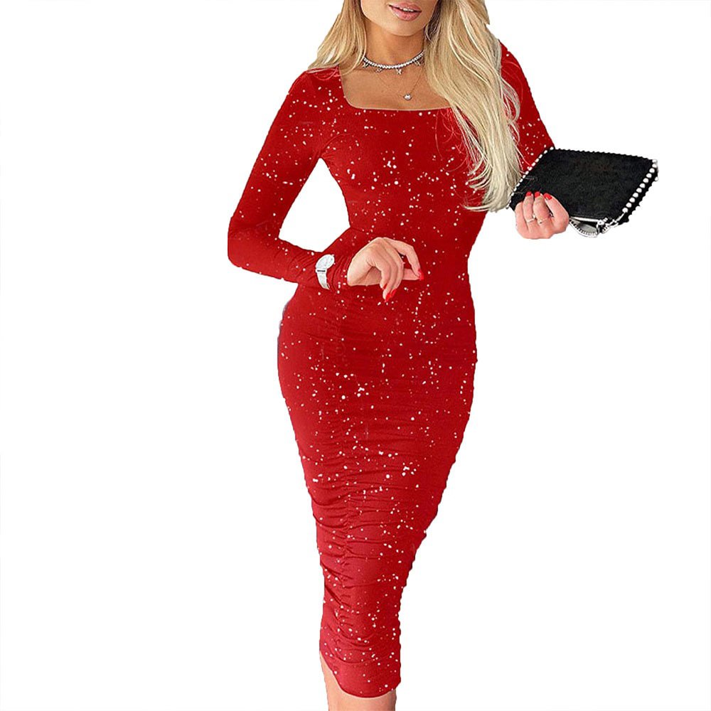Elegant Glitter Square Neck Midi Dress