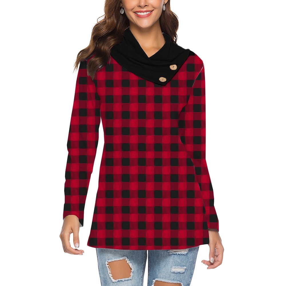 Plaid Print Long Sleeve Button Cross V Neck Casual Top