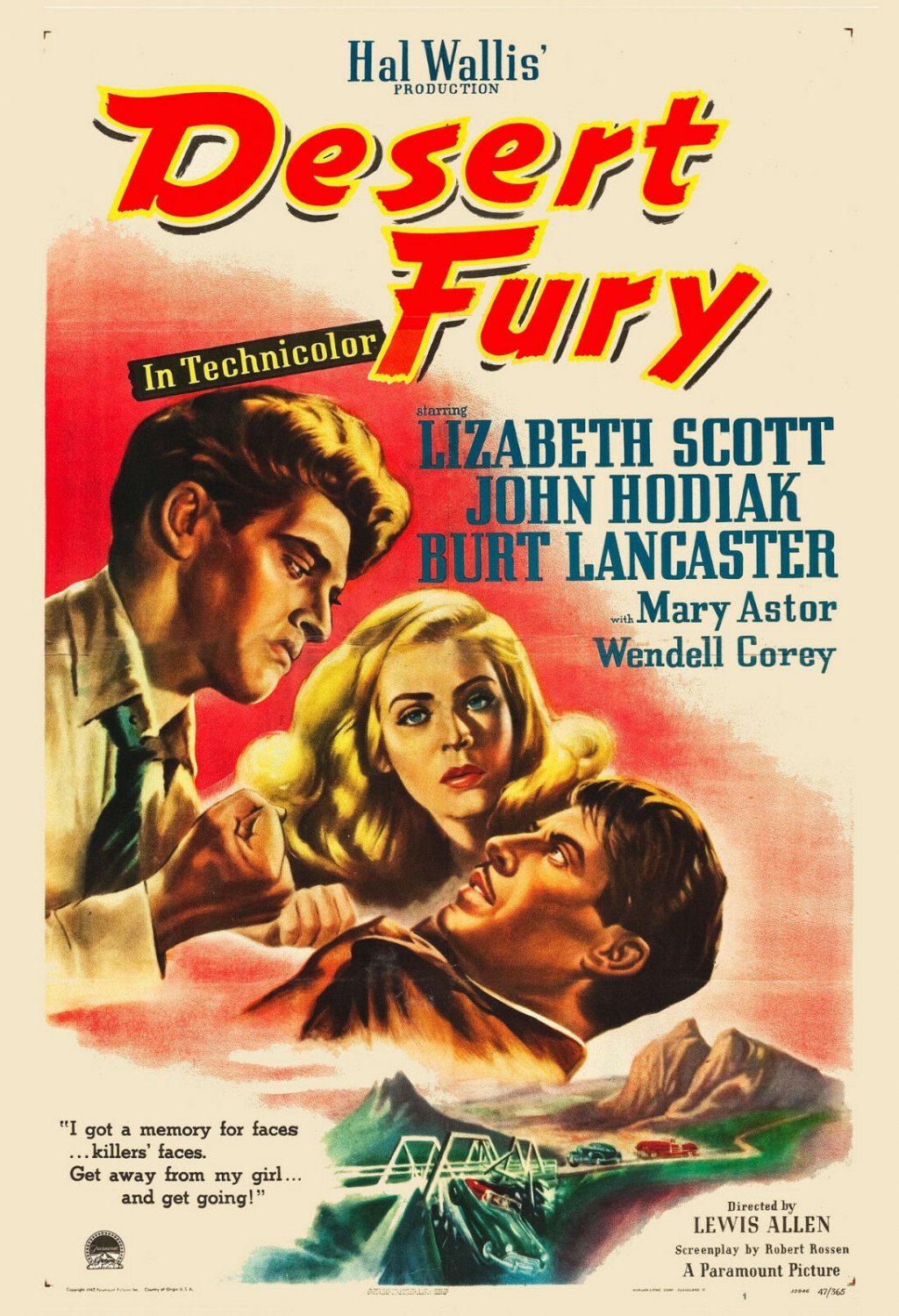 Desert Fury Burt Lancaster & Lizabeth Scott Movie Poster 1947 13x19 inches