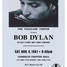 New York Carnegie Hall Concert Poster Featuring Bob Dylan from 1961 13x19 inches