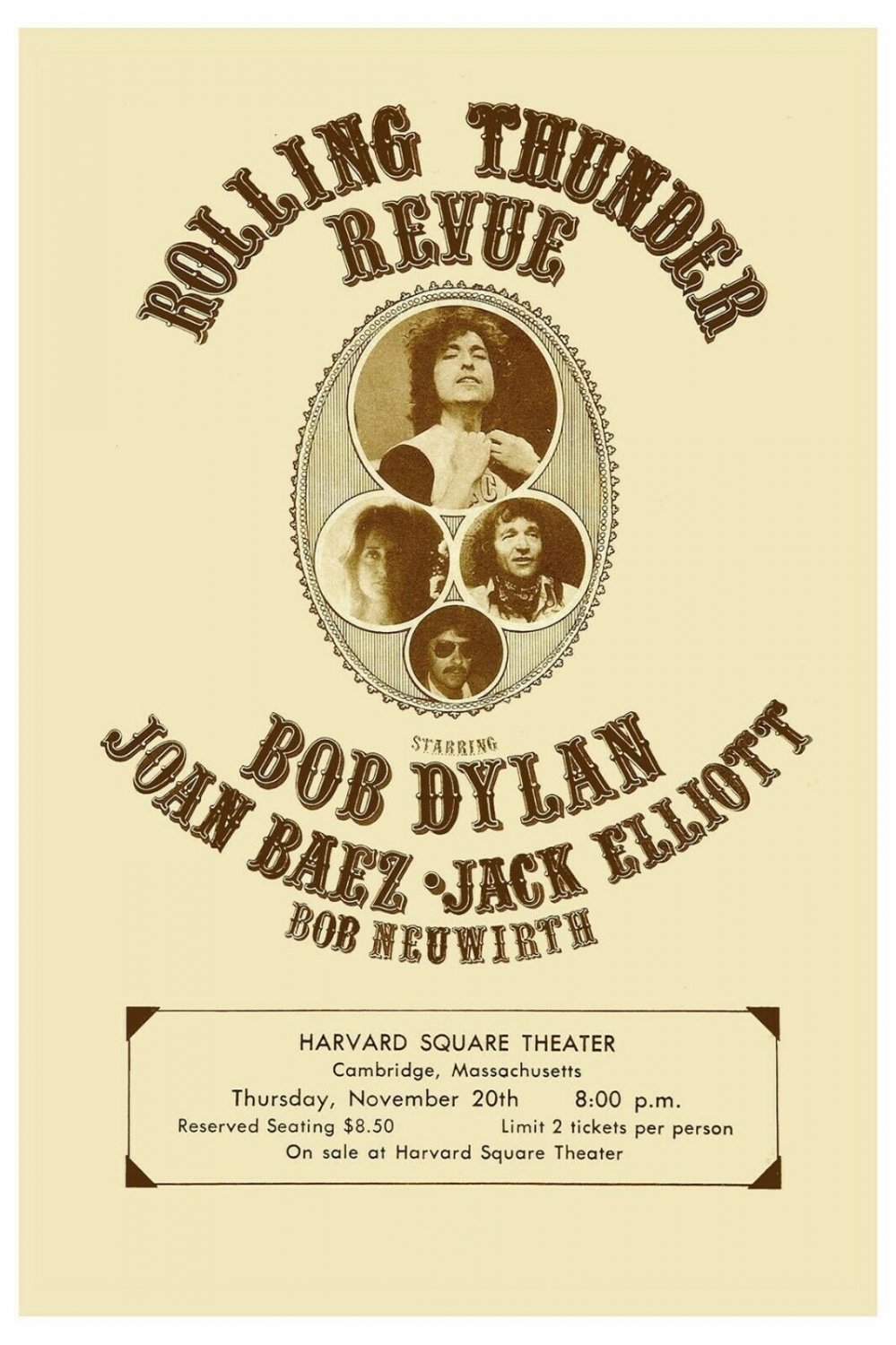 Rolling Thunder Revue: Bob Dylan & Others Concert Poster 1975 13x19 inches