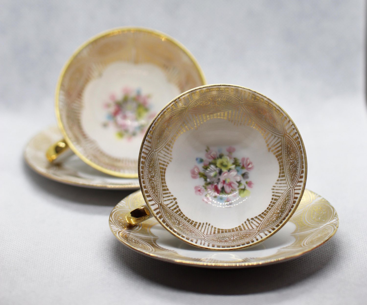 Set of 2 Antique Hand painted German Gareis, Kuhnl & Co Bavaria Porcelain Bone China Cup and Saucer